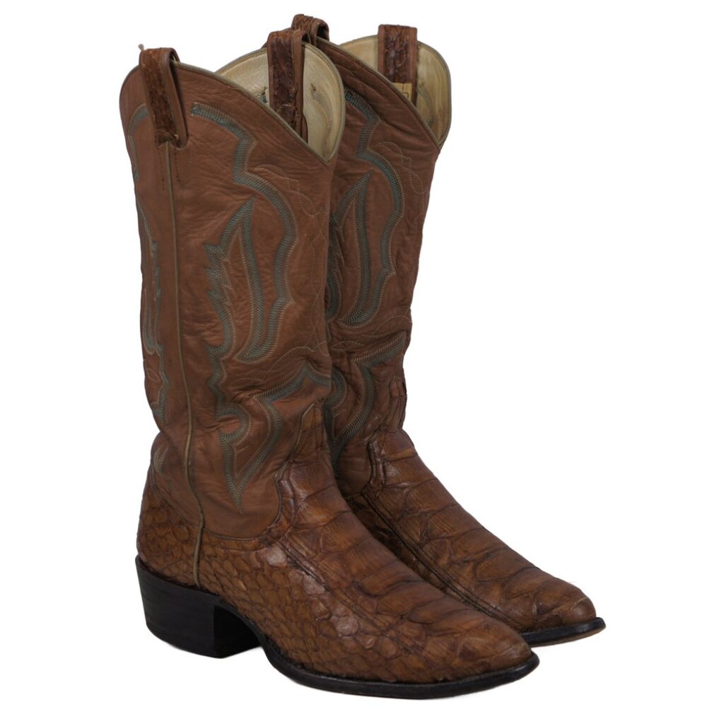Larry Mahan Cowboy Snakeskin Boots Vintage TX 10 Row Stitch Huge Scales Men 8.5